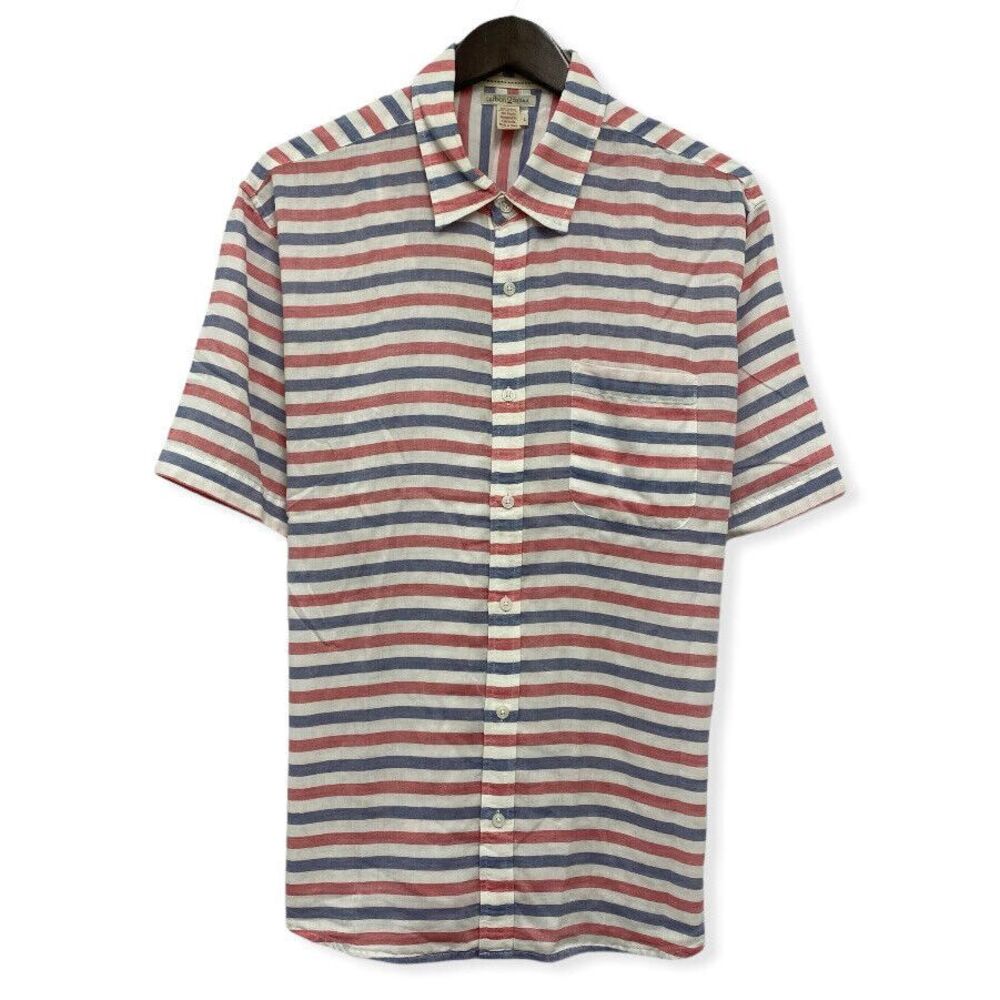 Carbon 2 Cobalt Men's Sz L Red White & Blue Stripe Short Sleeve Button Shirt euc